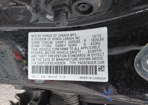 2020 Honda Civic Sport из США, поврежденный, VIN 2HGFC2F80LH592639